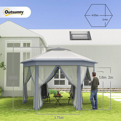 Outsunny 3 x 4m Metal Frame Hexagon Gazebo, with Curtains - Grey