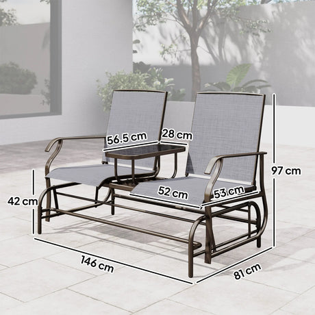 Outsunny 2 Seats Garden Glider Bench, Metal Frame Loveseat with Glass Top  Centre Table, Porch Rocking Glider for 2 Person, for Deck, Patio, Brown/ Grey