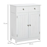 kleankin 75x60cm Freestanding Bathroom Storage Cabinet Unit w/ 2 Drawers Cupboard Adjustable Shelf Metal Handles Traditional Style White