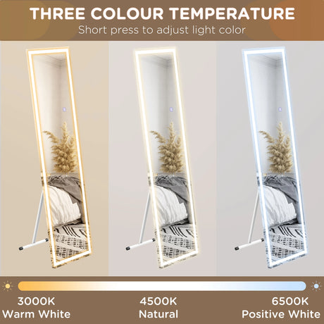 HOMCOM Standing Dressing Mirror with LED Lights, Wall Dressing Mirror for Bedroom with Dimmable and 3 Colour Lighting, White