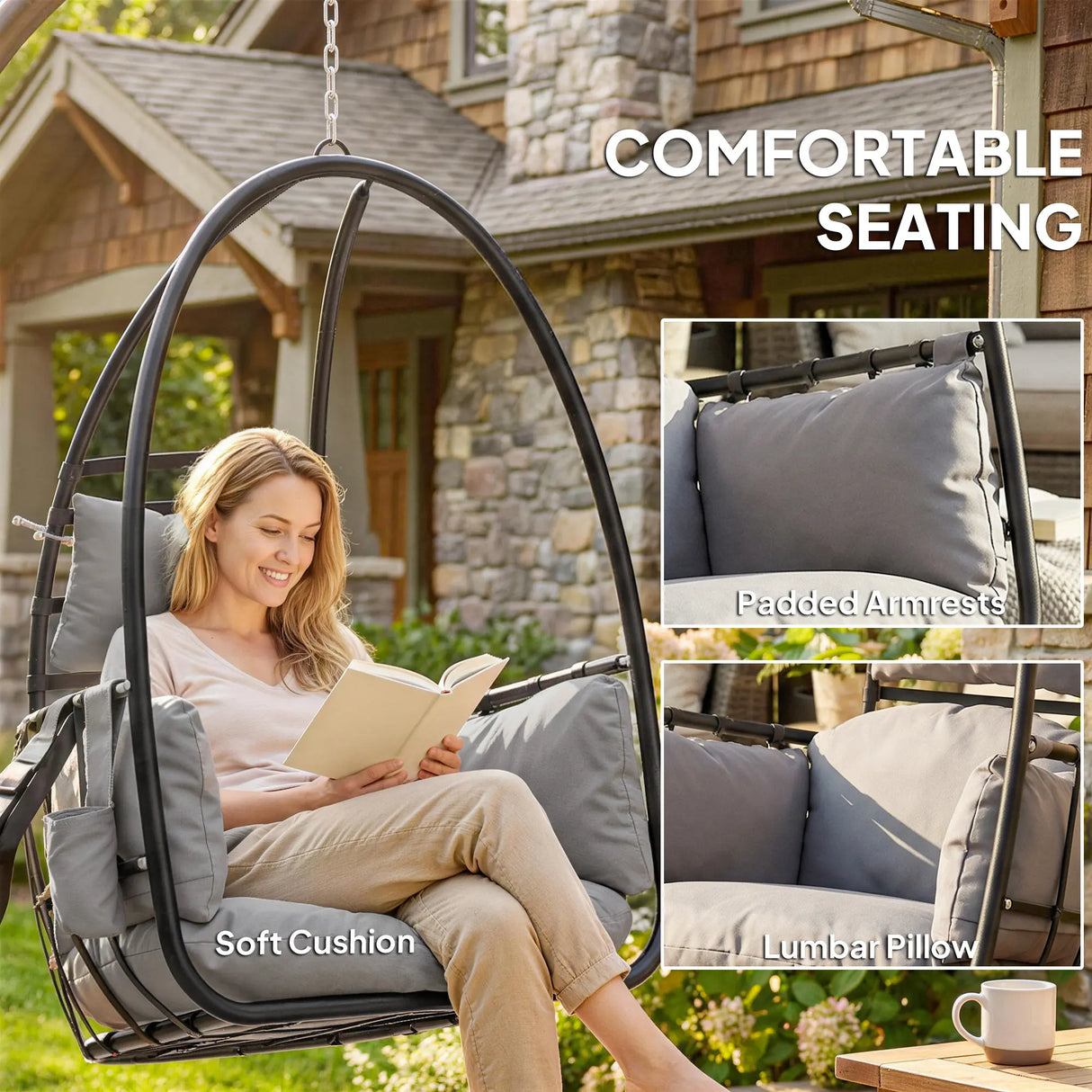 Outsunny Hanging Egg Chair, Indoor Outdoor Swinging Hammock Chair with Stand, Foldable Basket, Side Pocket, Dark Grey