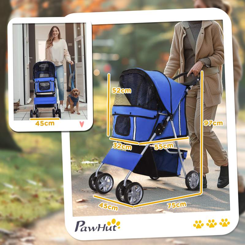 PawHut Pet Stroller for Small Miniature Dogs Cats Foldable Travel Carriage with Wheels Zipper Entry Cup Holder Storage Basket Blue