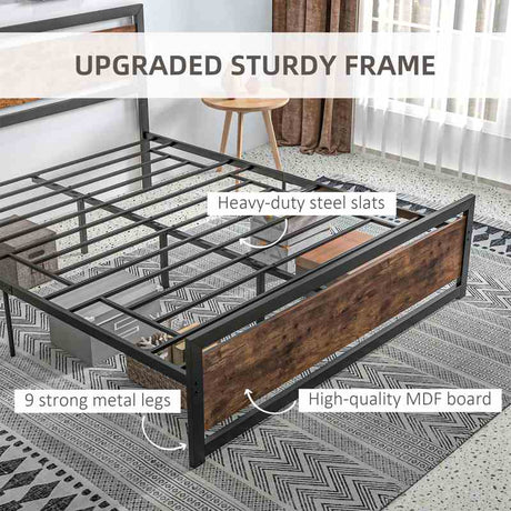 HOMCOM King Size Metal Bed Frame with Headboard & Footboard, Strong Slat Support Full Bed Frame w/ Underbed Storage Space, Bedroom Furniture For Adults