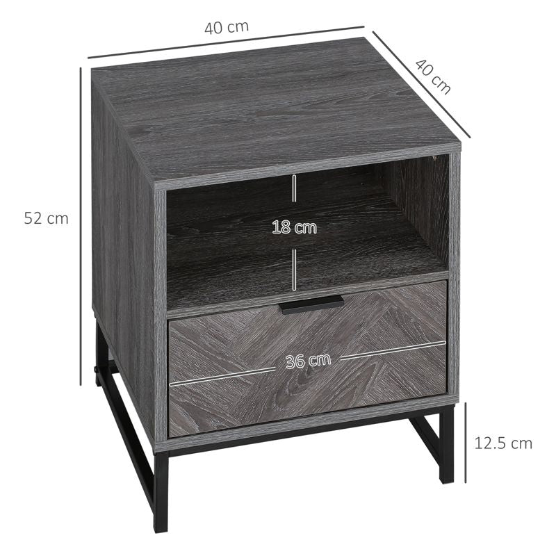 HOMCOM Bedside Table with Drawer and Shelf, Side End Table with Steel Legs for Living Room, Bedroom, Dark Grey