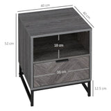 HOMCOM Bedside Table with Drawer and Shelf, Side End Table with Steel Legs for Living Room, Bedroom, Dark Grey