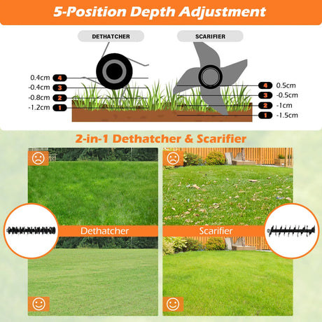 Adjustable Electric Dethatcher and Scarifier Folding Walk-Behind Weeder-Orange