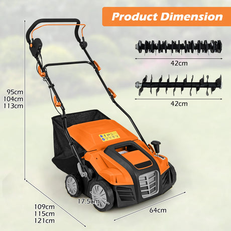 Adjustable Electric Dethatcher and Scarifier Folding Walk-Behind Weeder-Orange