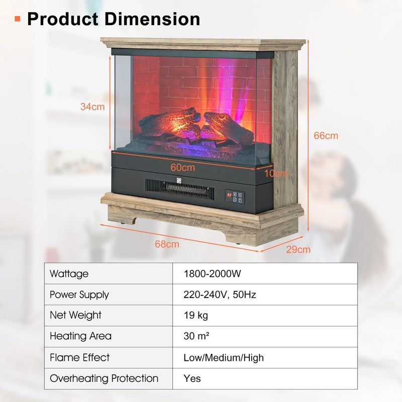 2000W Electric Fireplace Heater with 3-Level Vivid Flame-Brown