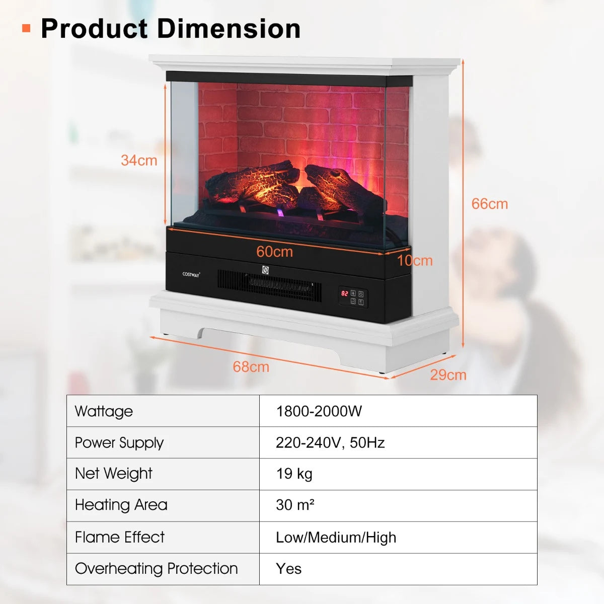 2000W Electric Fireplace Heater with 3-Level Vivid Flame-White