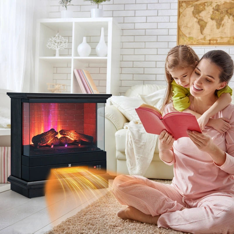 2000W Electric Fireplace Heater with 3-Level Vivid Flame-Black