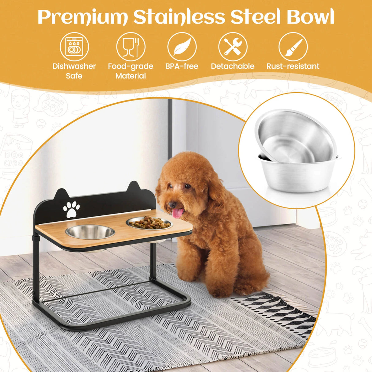 Dog Bowl Stand with 2 Stainless Steel Food Water Bowls