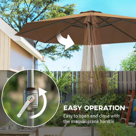 Outsunny 3(m) Tilting Parasol Garden Umbrellas, Outdoor Sun Shade with 8 Ribs, Tilt and Crank Handle for Balcony, Bench, Garden, Coffee