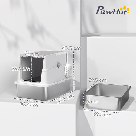 PawHut Extra Large Stainless Steel, Cat Litter Tray with Scoop, Flip Top