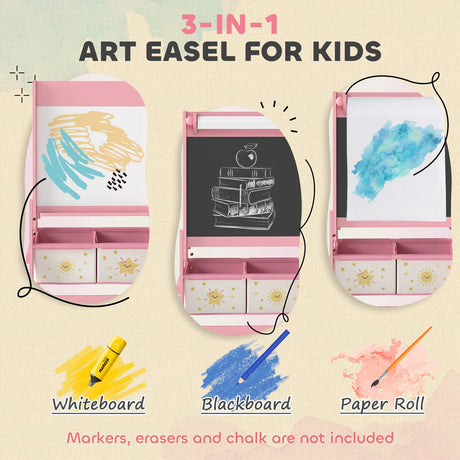 AIYAPLAY Art Easel for Kids, Double-Sided Whiteboard/Blackboard with Paper Roll, Two Storage Boxes, for Ages 3-8 Years, Pink