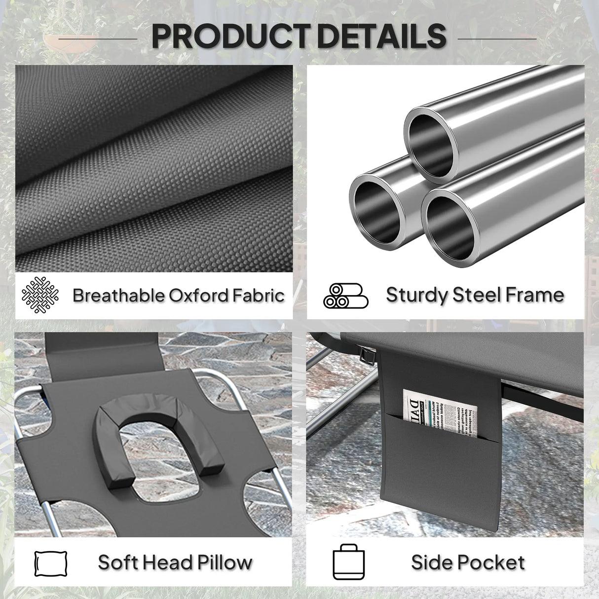 Outsunny Foldable Sun Lounger Set of 2, Beach Chaise Lounge with Reading Hole, Arm Slots, 5-Position Adjustable Backrest, Side Pocket, Pillow for Garden, Beach, Pool, Dark Grey