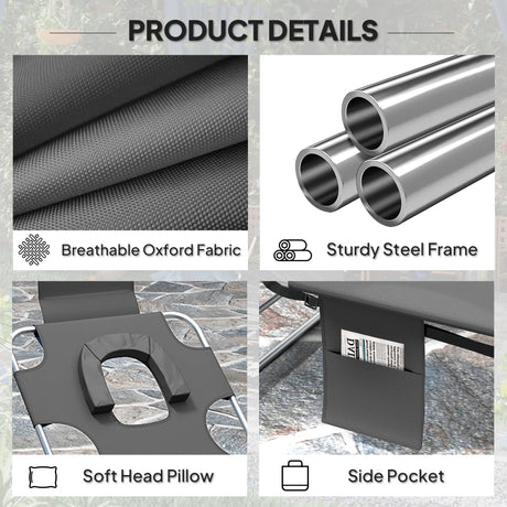 Outsunny Foldable Sun Lounger Set of 2, Beach Chaise Lounge with Reading Hole, Arm Slots, 5-Position Adjustable Backrest, Side Pocket, Pillow for Garden, Beach, Pool, Dark Grey