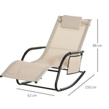 Outsunny 2PCs Outdoor Garden Rocking Chair, Patio Sun Lounger Rocker Chair with Breathable Mesh Fabric, Removable Headrest Pillow, Armrest, Side Storage Bag, Cream White