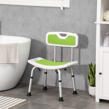 HOMCOM Shower Stool with Backrest, Height Adjustable Shower Chair with Anti-slip Foot Pads, Shower Head Holder, Green