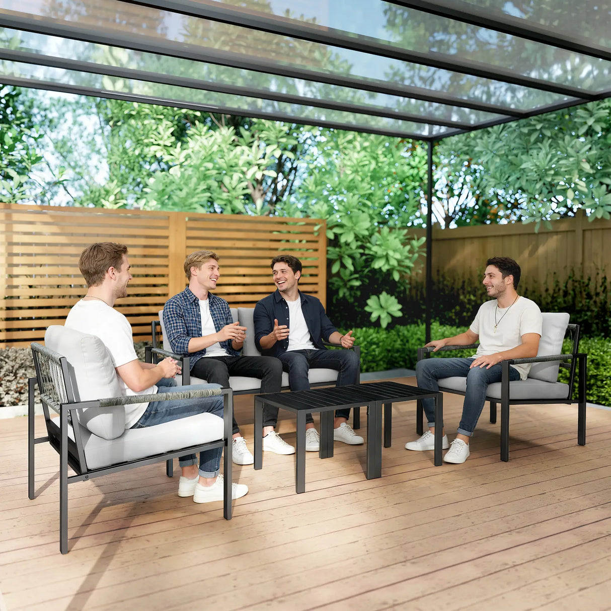 Outsunny 5 Piece Metal Garden Furniture Sofa Set with Thickened Cushions, Loveseat, 2 Armchairs, 2 Coffee Tables, Light Grey