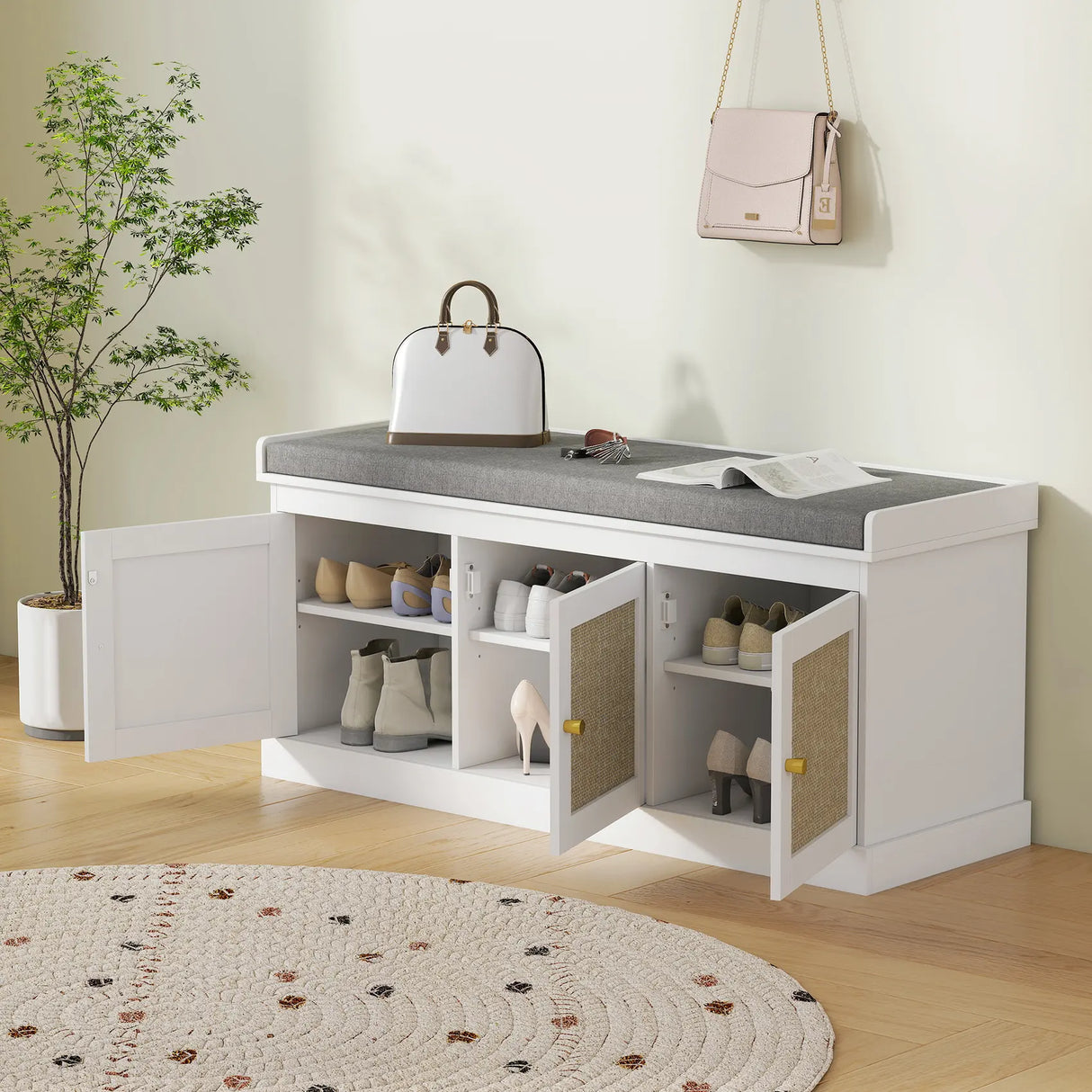 HOMCOM Shoe Storage Bench with Woven Rattan Doors, Seat - White