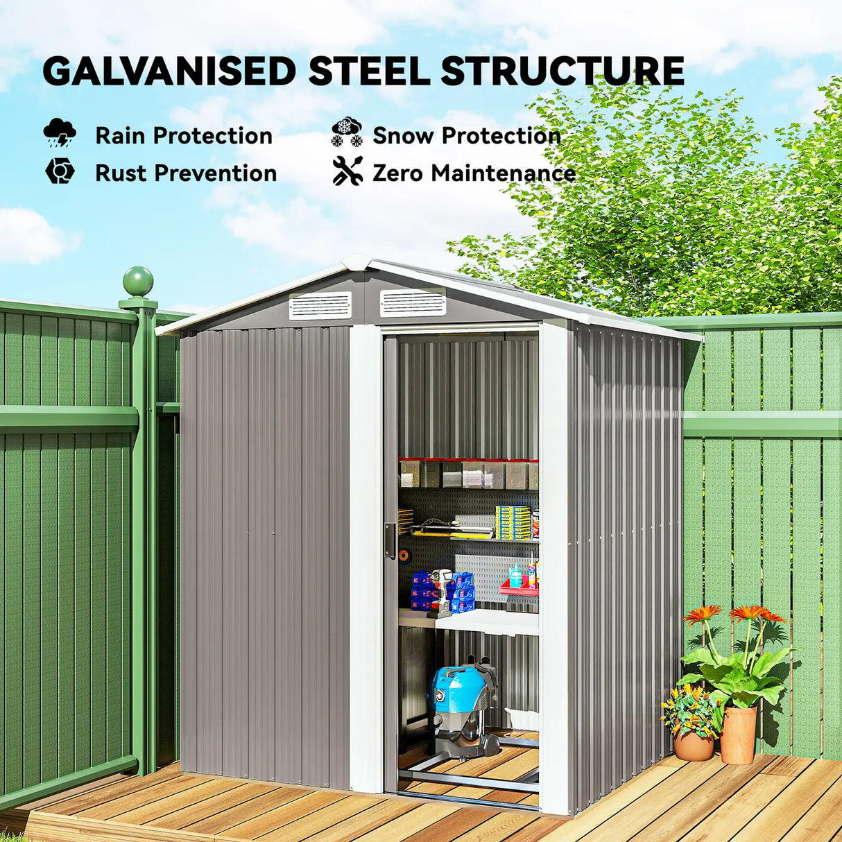 Outsunny Garden Metal Tool Storage Shed with Sliding Door, Sloped Roof and Foundation Kit, 152 x 132 x 188cm, Grey