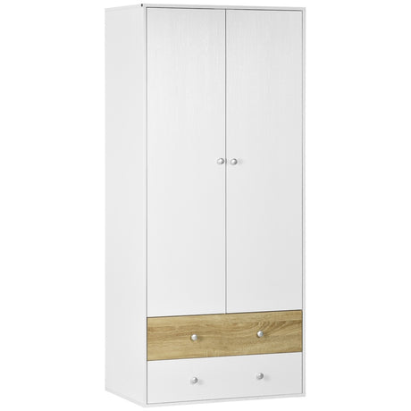 HOMCOM 2-Door Wardrobe with 2 Drawers, Hanging Rod and Anti-tipping Straps for Bedroom Clothes Storage Organisation, White