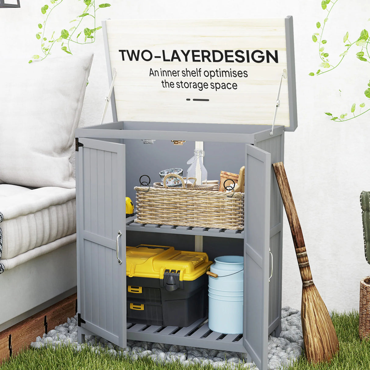 Outsunny Wooden Garden Shed, Garden Tool Storage Shed with Hinged Roof and Shelf, Outdoor Storage Cabinet with Double Doors, Grey