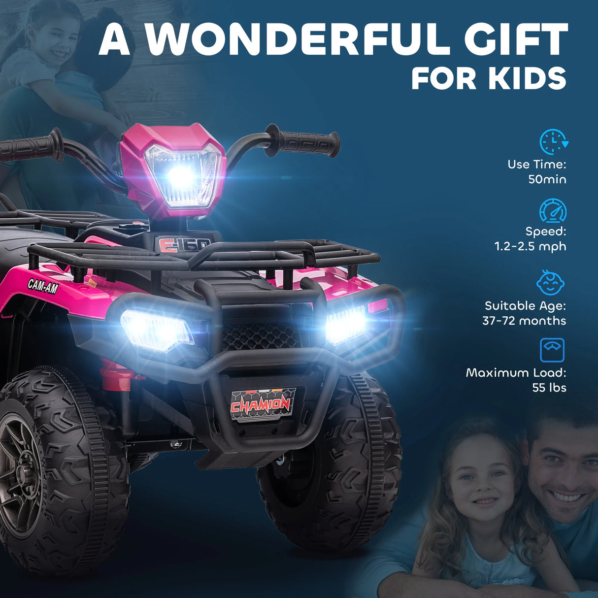 HOMCOM 12V Kids Quad Bike with Forward, Reverse Functions, Ride-On ATV w/ Music, LED, Headlights, for Ages 3-5 Years - Pink
