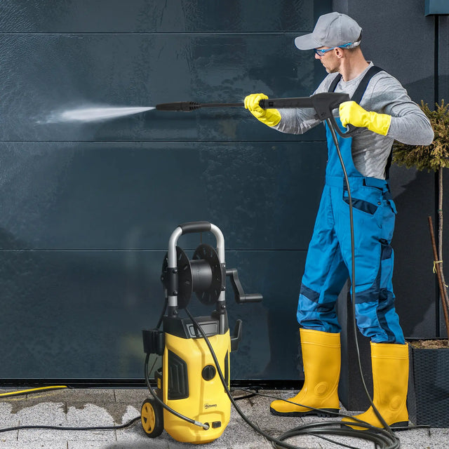 Outsunny 1800W High Pressure Washer, 150 Bar Pressure, 420 L/h Flow, Portable Power Washer Jet Wash Cleaner with Adjustable Nozzle, 6M Hose, Hose Reel, Steel Handle for Home Patio Car Driveway, Yellow