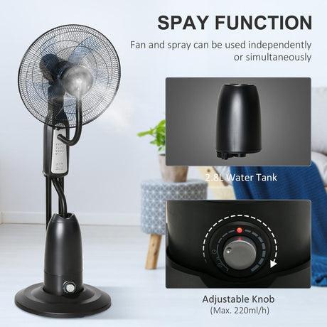 HOMCOM 18" Pedestal Fan with Water Mist Spray, Humidifying Misting Fan, Standing Fan with 3 Speeds, 2.8L Water Tank, Timer and Remote, Black