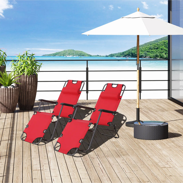 Outsunny 2 in 1 Folding Sun Lounger Reclining Garden Chair Set of 2 with 2-Level Adjustable Backrest, Outdoor Zero Gravity Recliner Garden Chairs with Head Pillow and Armrests, Red