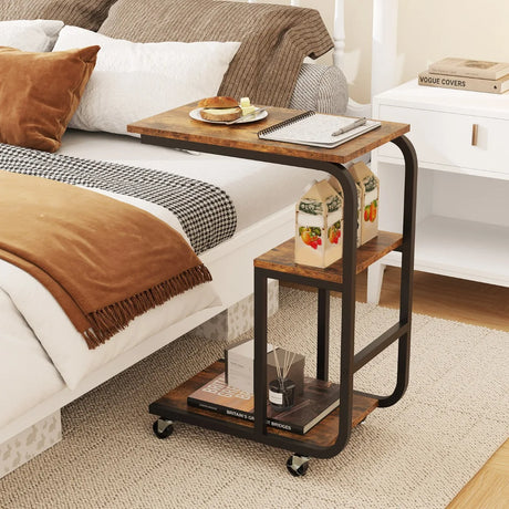 C-shaped End Table Space-saving Couch Table with Open Shelves-Rustic Brown