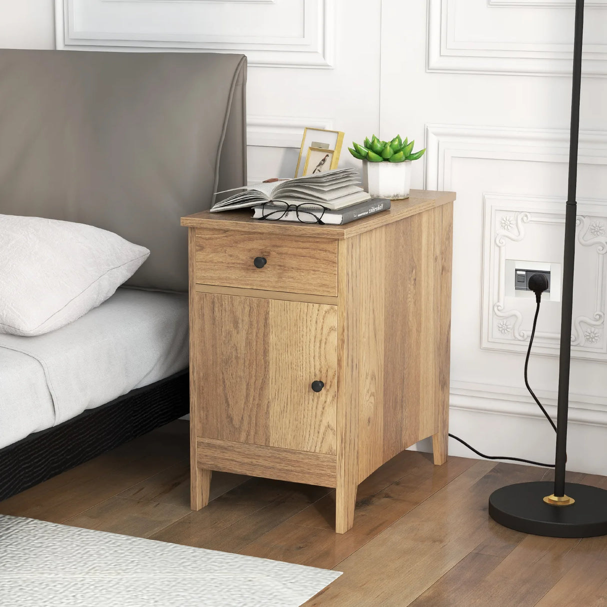 End Table with Charging Station and USB Ports and Outlets-Natural