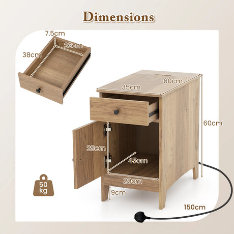 End Table with Charging Station and USB Ports and Outlets-Natural