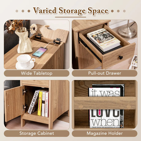 End Table with Charging Station and USB Ports and Outlets-Natural