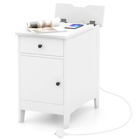 End Table with Charging Station and USB Ports and Outlets-White