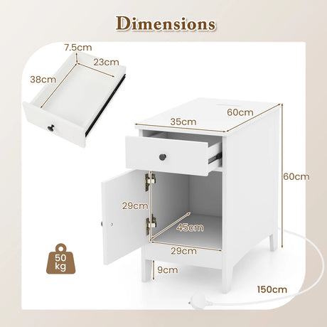 End Table with Charging Station and USB Ports and Outlets-White