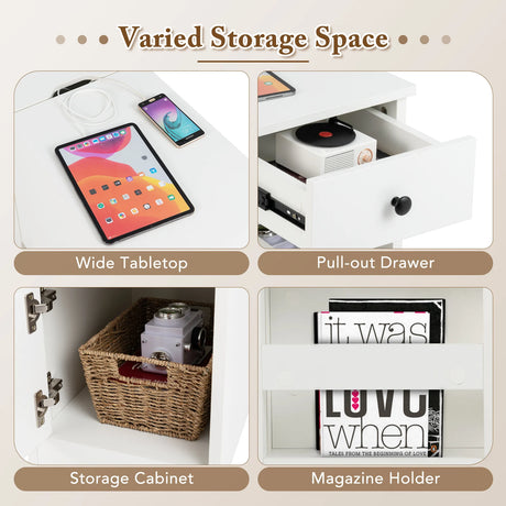 End Table with Charging Station and USB Ports and Outlets-White