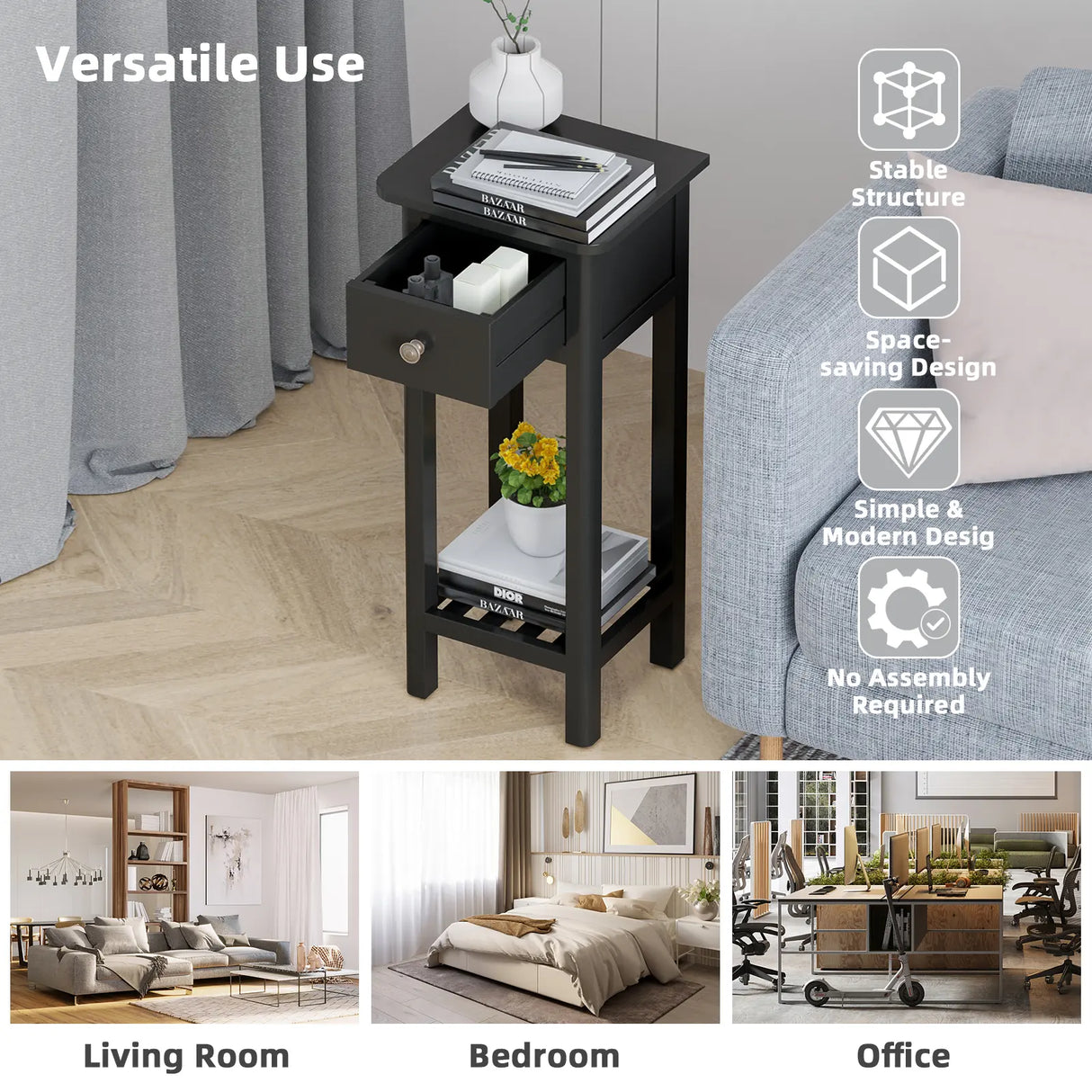 End Table with Storage Shelf and Drawer-Black