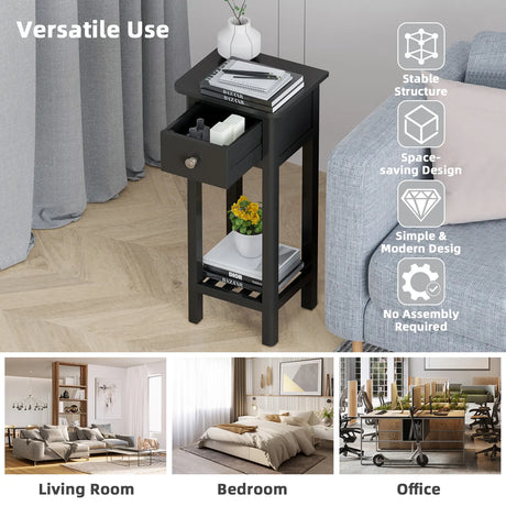 End Table with Storage Shelf and Drawer-Black