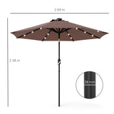 Outsunny 2.7m Garden 24 LED Light Parasol Solar Outdoor Tilt Sun Umbrella Patio Club Party Event Manual Sun Shade w/ Hand Crank and 8 Ribs, Brown