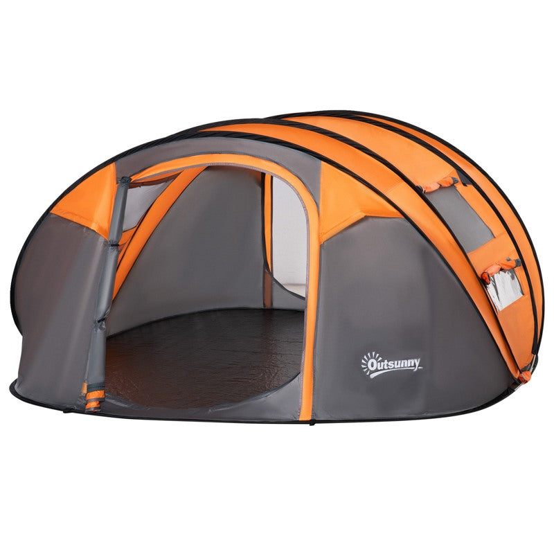 Outsunny 4 Person Pop-up Camping Tent Family Tent with Ground Sheet, 4 Windows and Portable Carry Bag for Beach Outdoor Trip, Orange