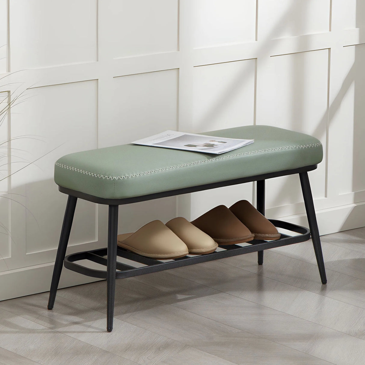 HOMCOM PU Leather Shoe Storage Bench - Green