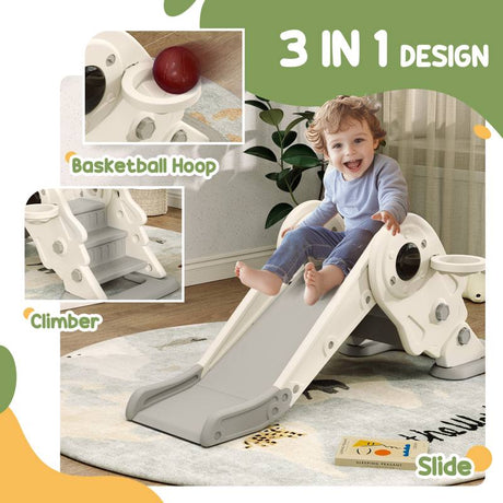 AIYAPLAY 3 in1 Kids Slide with Basketball Hoop, Climber, Anti-slip Steps for Toddlers Age 2-5, Cream White