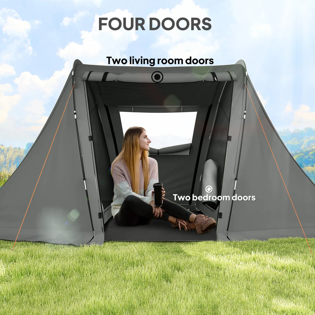 Outsunny 3 Man Camping Tent with Living Area and 2 Bedrooms, 3000mm Waterproof Family Tent with Sewn-in Groundsheet, Portable Dome Tent with Bag for Hiking, Festival, Backpacking, Drak Grey
