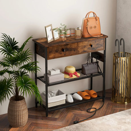 Entryway Narrow Console Table with Charging Station-Rustic Brown