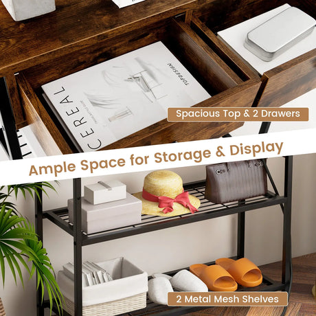 Entryway Narrow Console Table with Charging Station-Rustic Brown