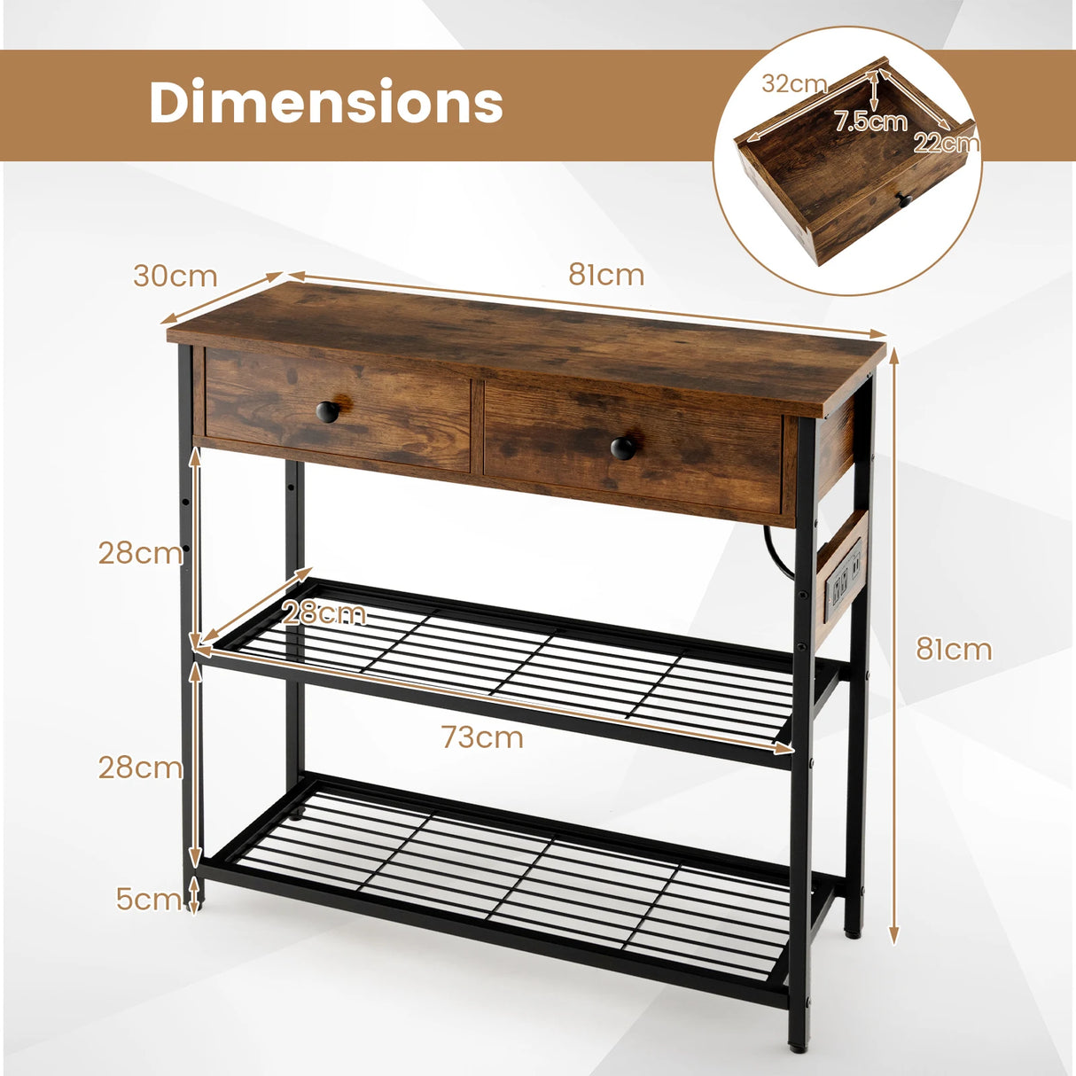 Entryway Narrow Console Table with Charging Station-Rustic Brown