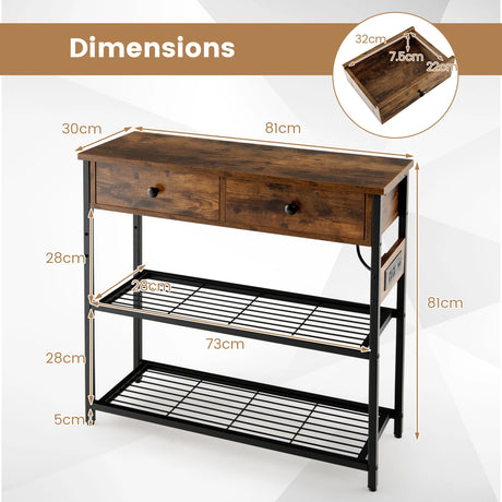 Entryway Narrow Console Table with Charging Station-Rustic Brown
