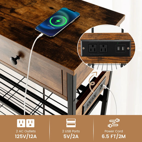 Entryway Narrow Console Table with Charging Station-Rustic Brown